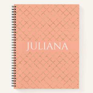 Pretty Pink Coral Gold Quatrefoil Personalised Notebook