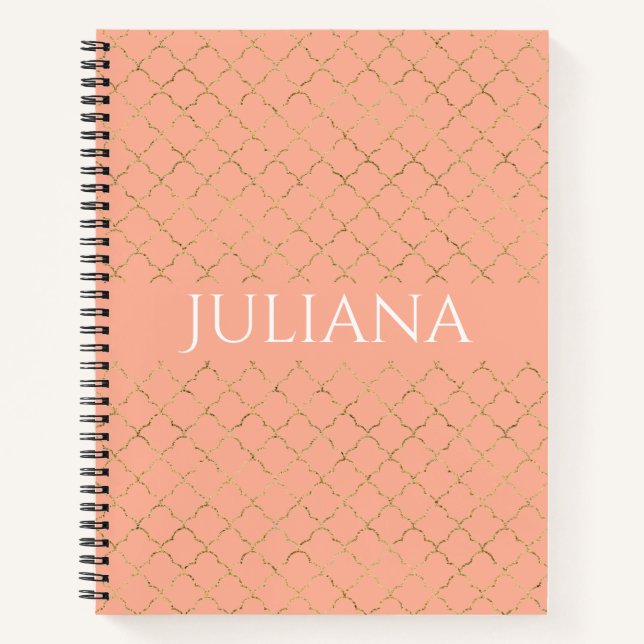 Pretty Pink Coral Gold Quatrefoil Personalised  Notebook (Front)