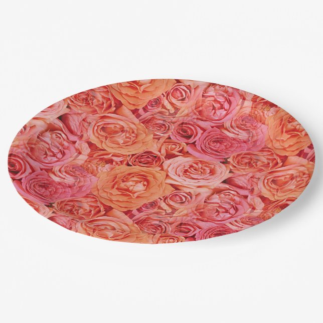 Pretty Pink Coral Red Orange Roses Flowers Pattern Paper Plate (Angled)