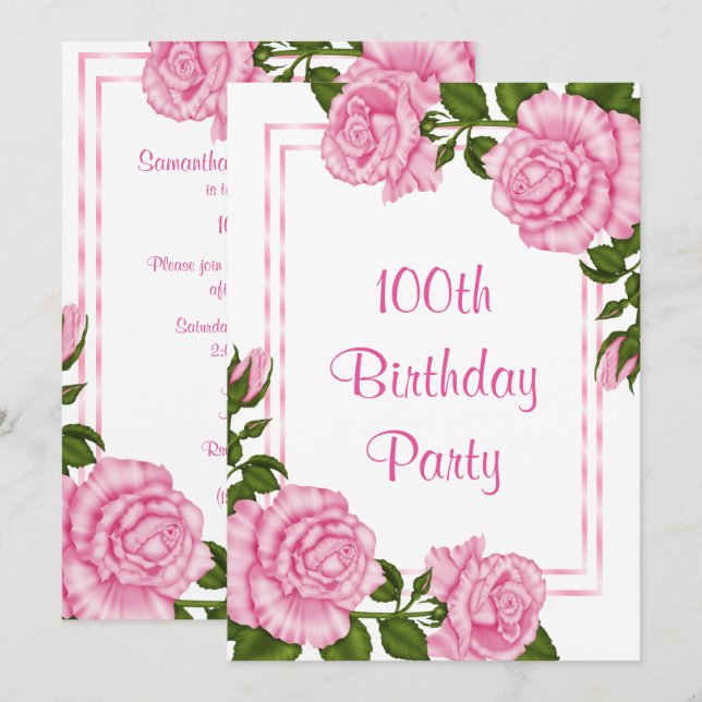 Pretty Pink Corner Bouquets 100th Birthday Invitation (Front/Back)
