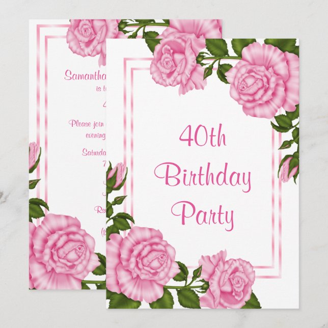 Pretty Pink Corner Bouquets 40th Birthday Invitation (Front/Back)