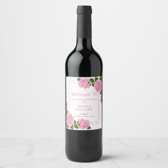 Pretty Pink Corner Bouquets Birthday Wine Label (Front)