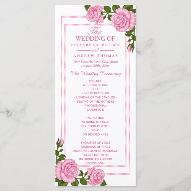 Pretty Pink Corner Bouquets Wedding Program Programme (Front)
