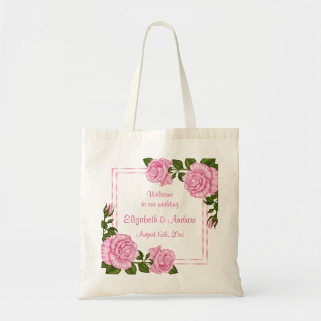 Pretty Pink Corner Bouquets Wedding Welcome Tote Bag (Front)