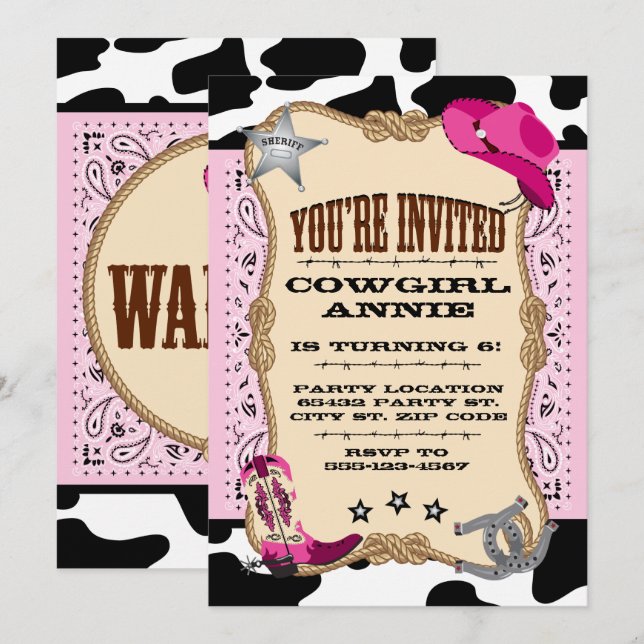 Pretty Pink Cowgirl Birthday Party Invitations (Front/Back)
