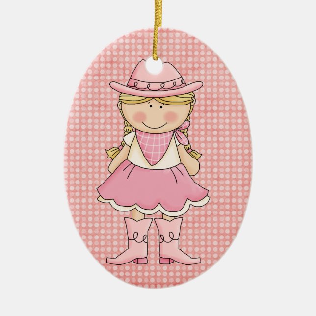 Pretty Pink Cowgirl (blonde) & Sheriffs Badge Ceramic Tree Decoration (Front)
