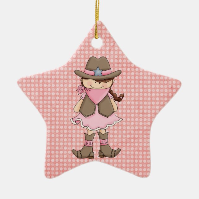 Pretty Pink Cowgirl (brown hair) & Sheriffs Badge Ceramic Tree Decoration (Front)