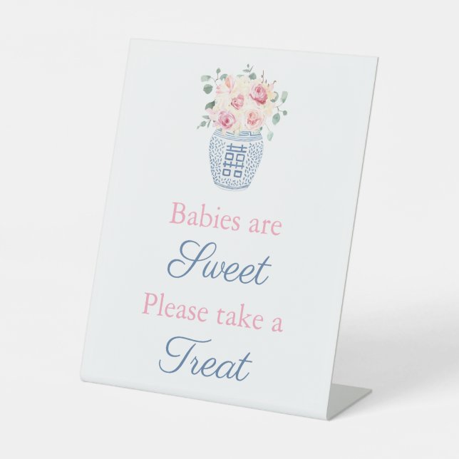 Pretty Pink Cream Roses Baby Shower Favour Table Pedestal Sign (Front)