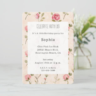 Pretty Pink Cream Roses Floral Birthday Invitation
