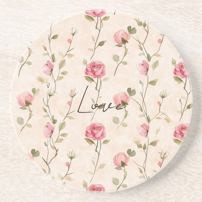 Pretty Pink Cream Roses Floral Bridal Shower Coaster (Front)