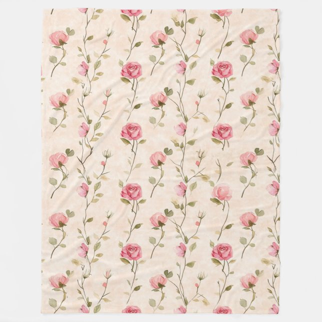 Pretty Pink Cream Roses Floral Fleece Blanket (Front)