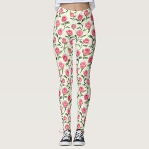 Pretty Pink Cream Roses Floral Leggings
