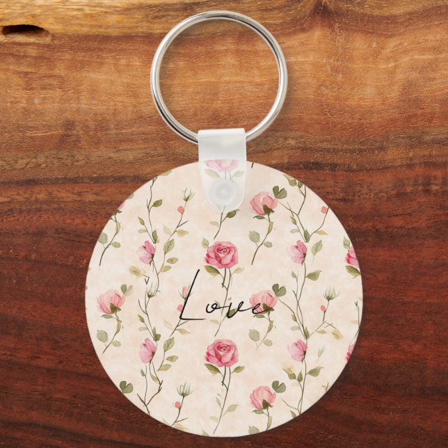 Pretty Pink Cream Roses Floral Love Key Ring (Front)