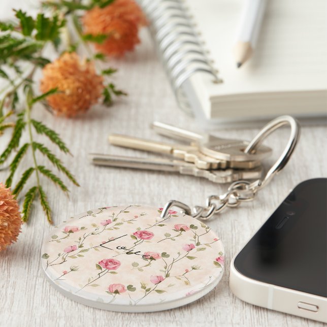Pretty Pink Cream Roses Floral Love Key Ring (Front Right)
