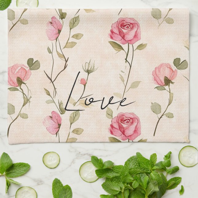 Pretty Pink Cream Roses Floral  Tea Towel (Folded)