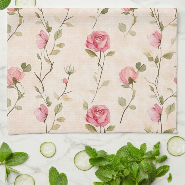 Pretty Pink Cream Roses Floral Tea Towel (Folded)