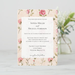 Pretty Pink Cream Roses Floral Wedding Invitation