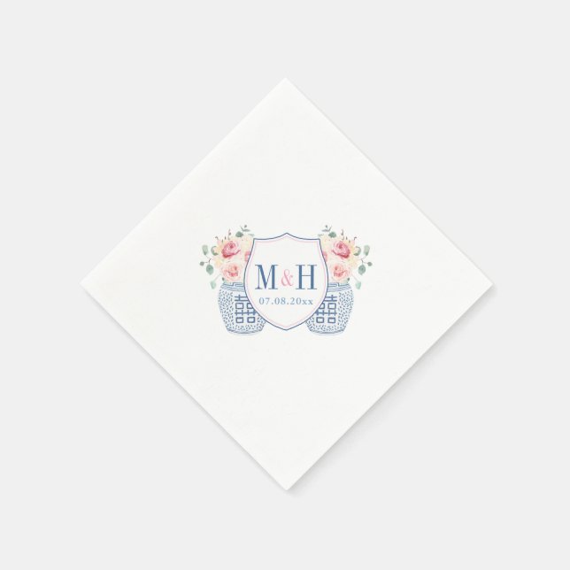 Pretty Pink Cream Roses Monogram Wedding Shower Napkin (Corner)