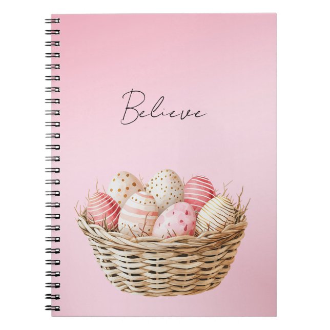 Pretty Pink Cream Spring Floral Easter Eggs Basket Notebook (Front)