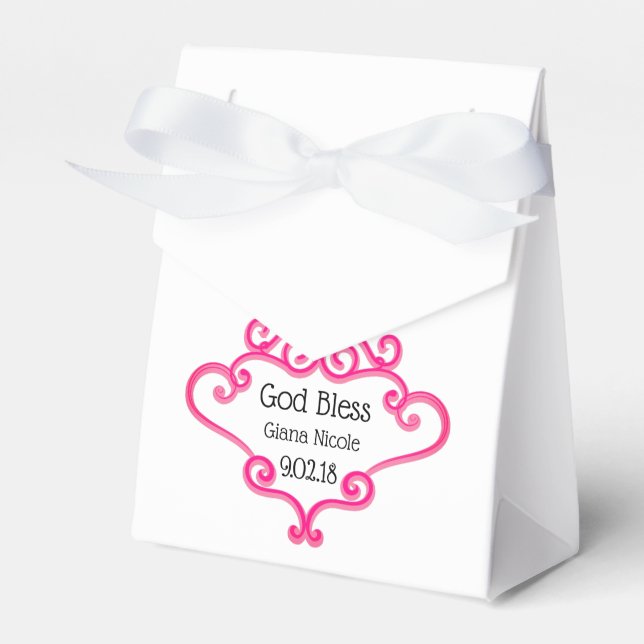 Pretty Pink Cross and Scroll Customisable Baptism Favour Box (Front Side)