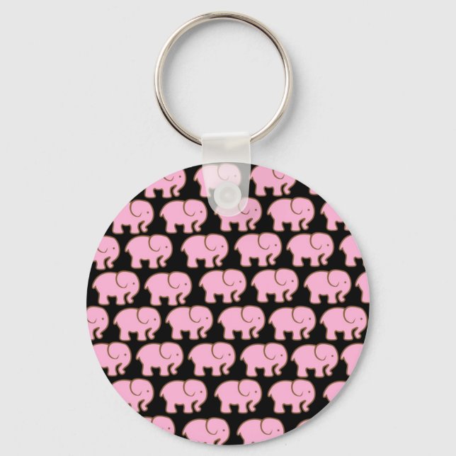 Pretty Pink Cute Elephants on Black Key Ring (Front)