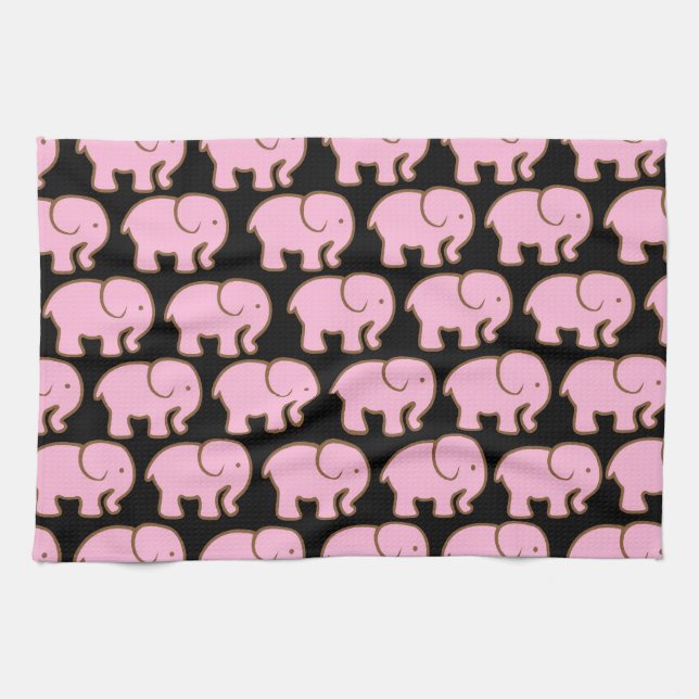 Pretty Pink Cute Elephants on Black Tea Towel (Horizontal)