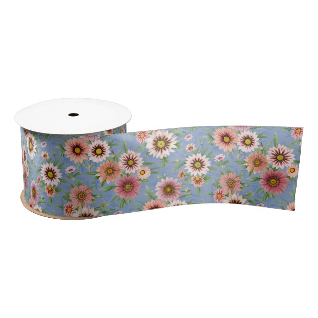 Pretty Pink Daisy Floral Botanical Art Pattern Satin Ribbon (Spool)