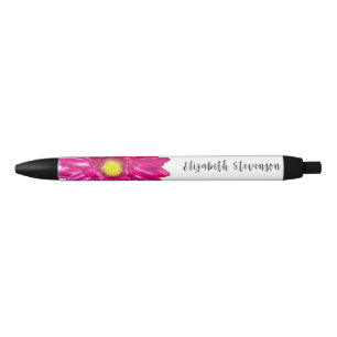 Pretty pink daisy flower custom name black ink pen