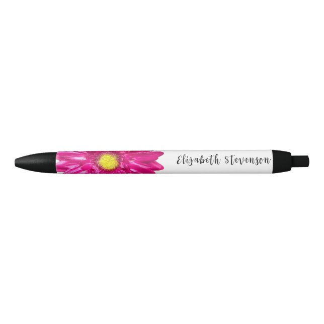 Pretty pink daisy flower custom name black ink pen (Front)