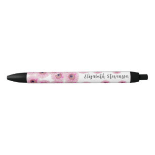Pretty pink daisy flower custom name black ink pen