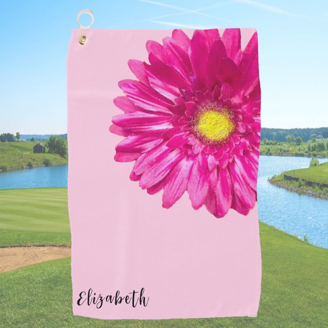 Pretty pink daisy flower custom name golf towel (Creator Uploaded)