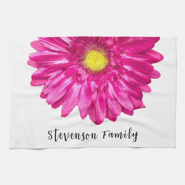 Pretty pink daisy flower custom name tea towel (Horizontal)
