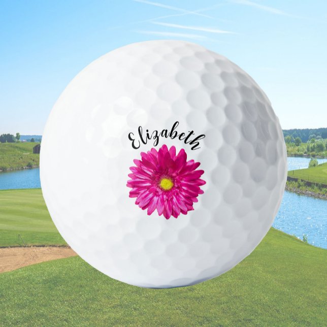 Pretty pink daisy flower custom name womens golf balls (Creator Uploaded)