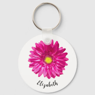 Pretty pink daisy flower custom name womens key ring