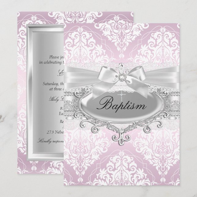 Pretty Pink Damask & Bow Baptism Invitation (Front/Back)