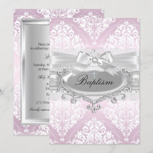 Pretty Pink Damask & Bow Baptism Invitation