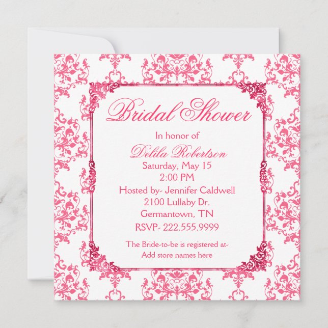 Pretty Pink Damask Bridal Shower Invitation (Front)