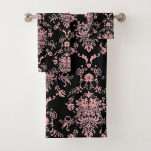 Pretty Pink Damask on Black Bath Towel Set