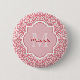 Pretty Pink Damask Pattern Monogram With Name 6 Cm Round Badge