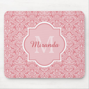 Pretty Pink Damask Pattern Monogram With Name Mouse Mat