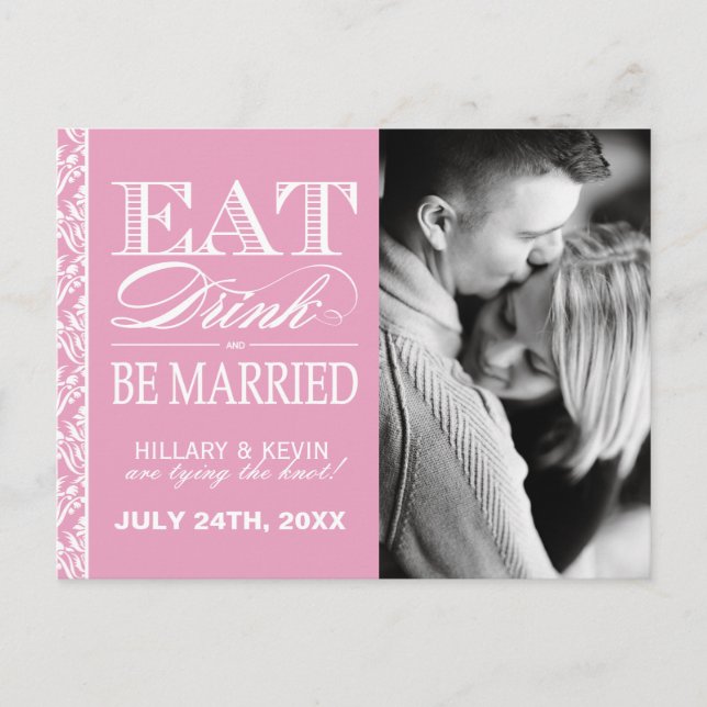 Pretty Pink Damask Save the Date Announcement Postcard (Front)