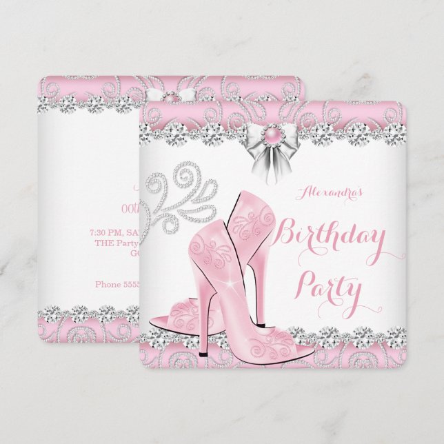 Pretty Pink Diamond High Heels Birthday Party Invitation (Front/Back)