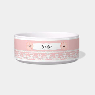 Pretty Pink Dog Bowl with Flowers and Lace