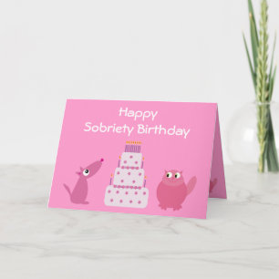 Pretty Pink Dog, Cat & Birthday Cake Sobriety Card