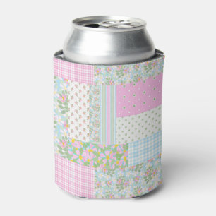 Pretty Pink Dog Rose Faux Patchwork Can Cooler