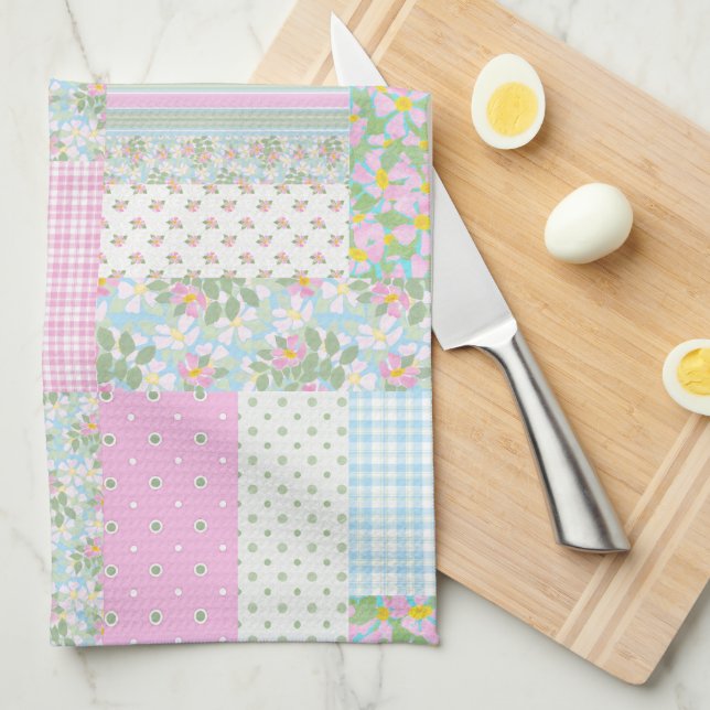 Pretty Pink Dog Rose Faux Patchwork Kitchen Towel (Quarter Fold)