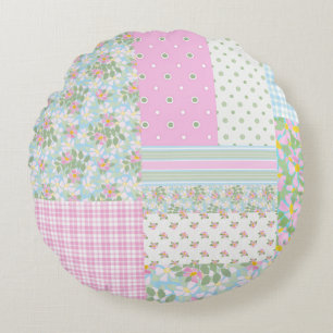 Pretty Pink Dog Roses Faux Patchwork Round Pillow