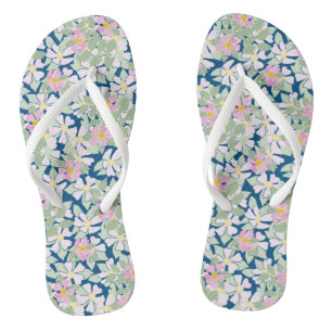 Pretty Pink Dog Roses on Deep Blue Floral Pattern Flip Flops