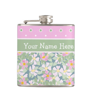 Pretty Pink Dog Roses on Navy and Polkas Hip Flask