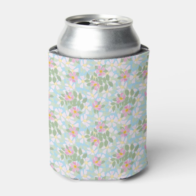 Pretty Pink Dog Roses on Sky Blue Can Cooler (Can Front)